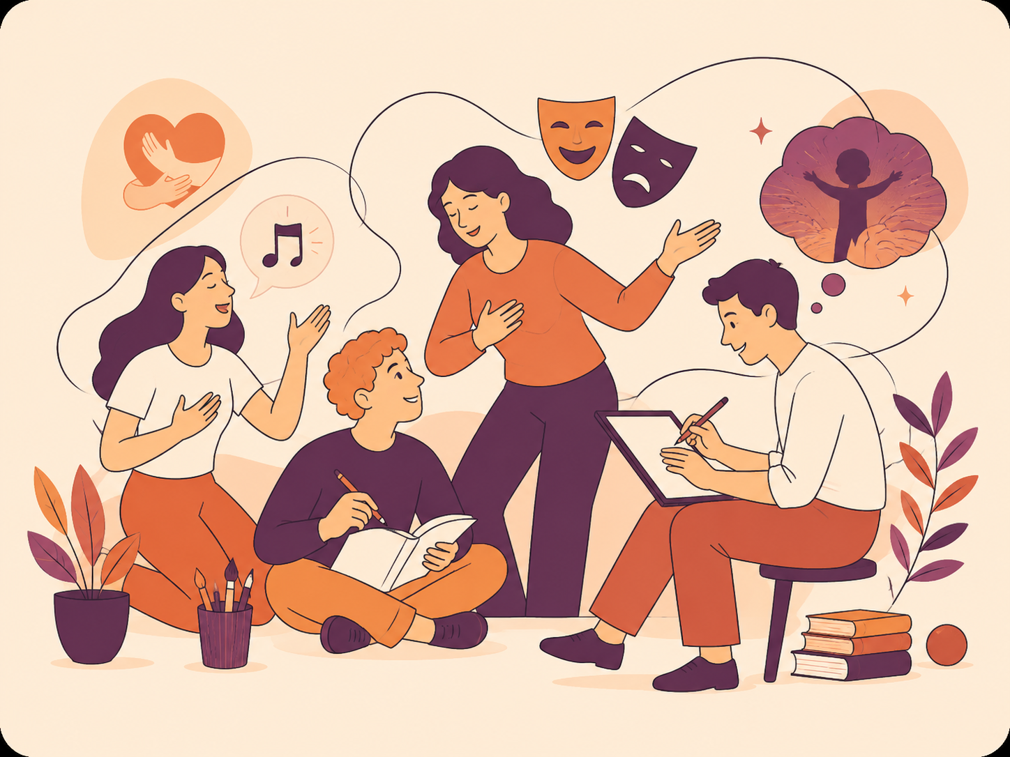 Illustrazione del metodo Destino Libero con gruppo, voce, ascolto e creatività